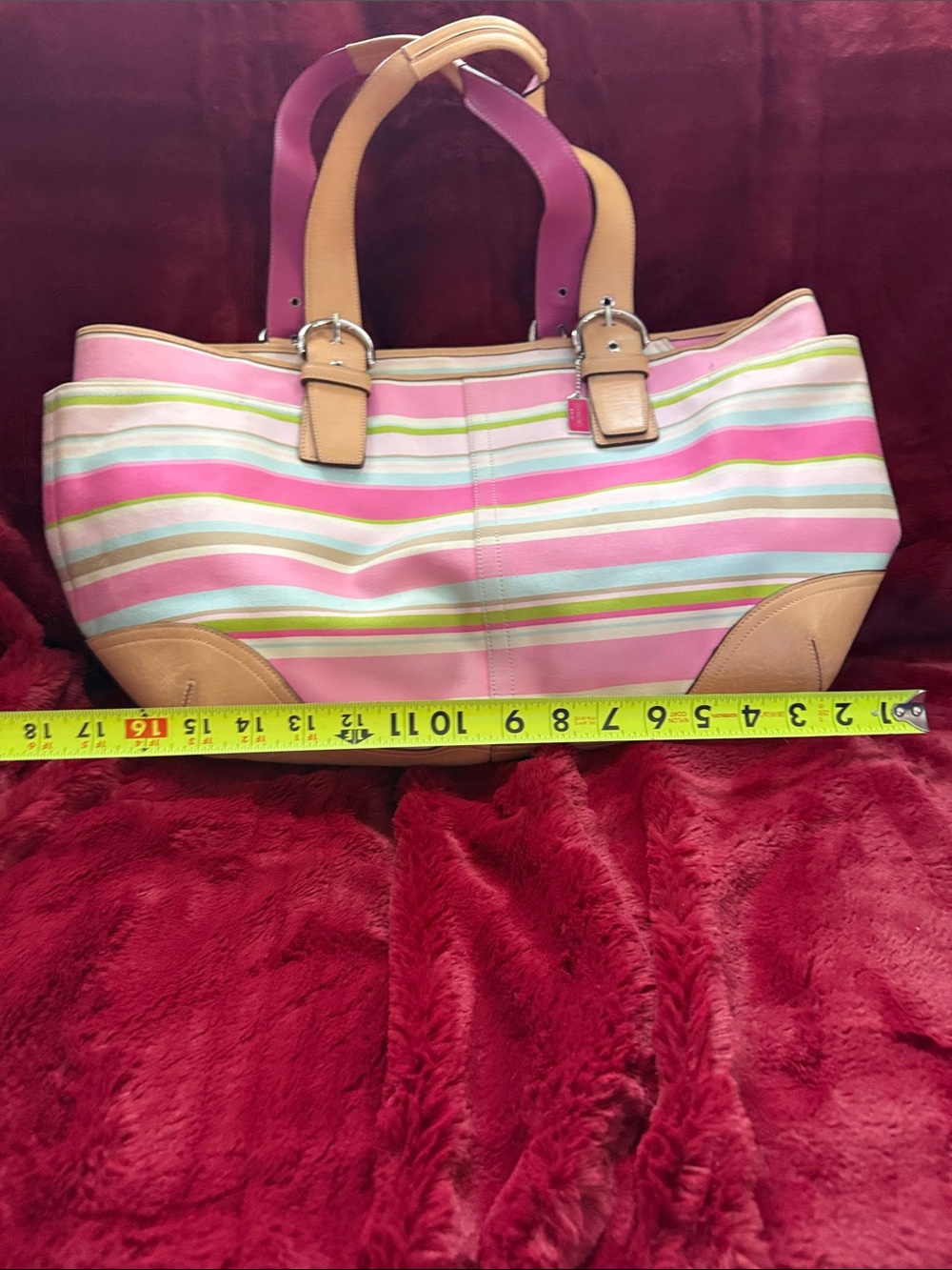 Vintage Coach Striped Multicolor/Tan Leather Trimmed Tote Bag - Picture 2 of 4